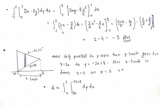 Br - Syddy dx = dz | 3xy - sy? -1 -1 2 3 x (3x 3x4, lo 3) de Ex 2 2 -1 1-4 = 3 Ans y :-2x+5 take strip Y to timit goes x-limi
