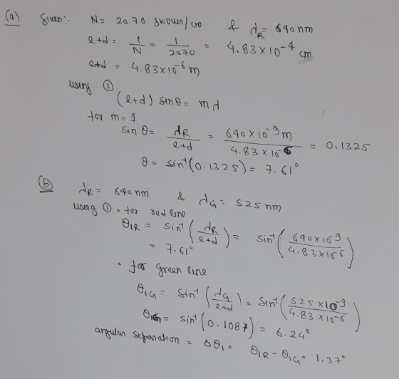 (a) Siuen :- N = 2070 grooves / cm & de 690 nm etd: z/ 4.83*10-4 2070 cm etd - 4.83*150m using (etd) sino= md for m= sin o= 6