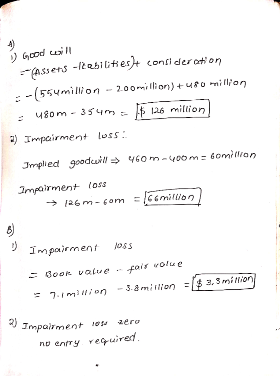 D Good will -- Assets liabilities)t consideration 2-(554 million - 200 million) +480 million = 480m-354m = $ 120 million) 2)
