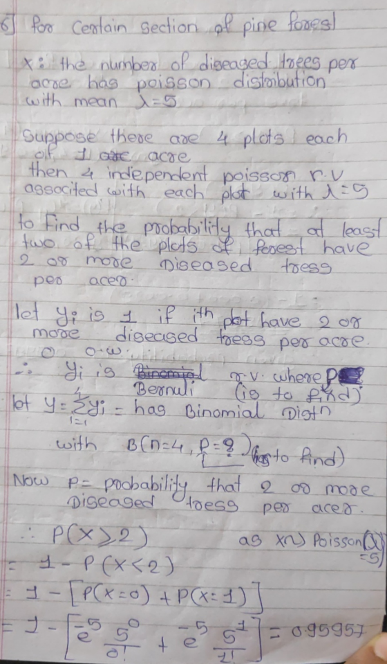 J for centain Section of pine fores! to the number of diseased Hopes per acre has poisson distoibution with mean = 5 Suppose