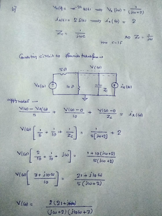 Velt= ě 2t ult) - Voliw) = +2) - in (W) = 2 ixt= 25lt Zer je so Zc- 1 the c=1F Converting cirait to fourier transform 50V(w)