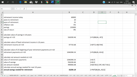1 Ale W v * 01:01 ENG 25-02-2020 25 X C D E F G H - 60000 10 2 3 retirement income today 4 years to retirement 5 years of ret