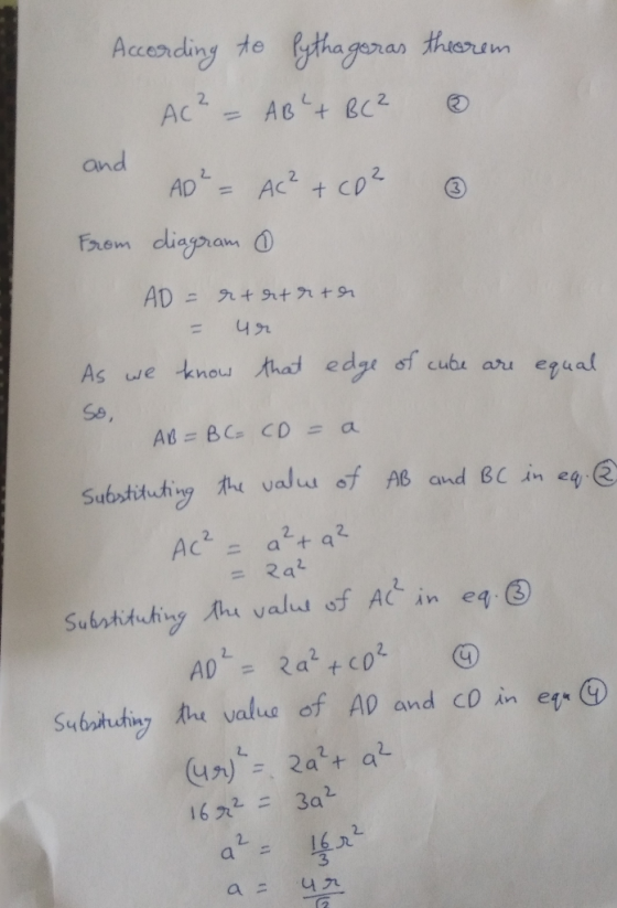 According to lythagoras thorem AC² = AB + BC? and A² = AC² + CO² From diagram 0 AD = retenerten = 42 As we know that edge of
