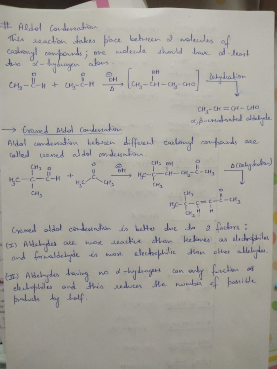 # Aldol condensation This reaction takes place between a molecules of carbonyl compounds; one molecule should have at least t