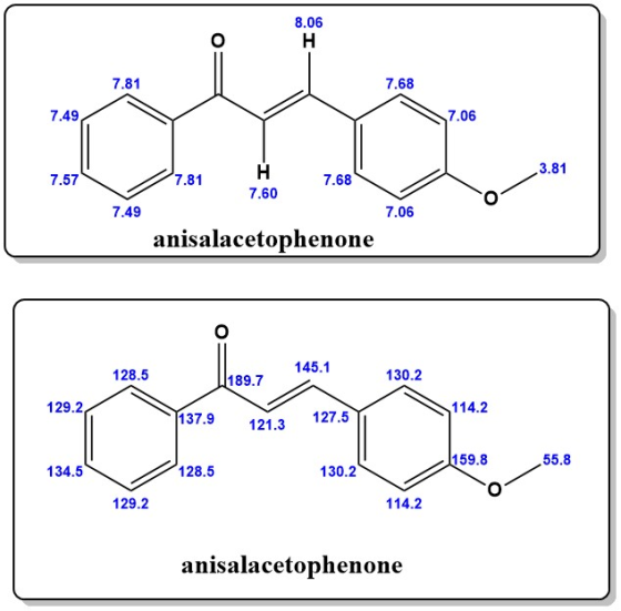 8.06 7.81 7.68 7.49 7.06 3.81 7.57 77.81 н 7.60 7.68 7.06 anisalacetophenone 145.1 128.5 189.7 130.2 129.2 114.2 37.9 1213 12