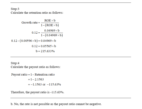 Step:3 Calculate the retention ratio as follows: ROExb Growth rate=; 1-(ROExb) 0.04969xb 0.12 = 1-(0.04969 xb) 0.12-(0.00596