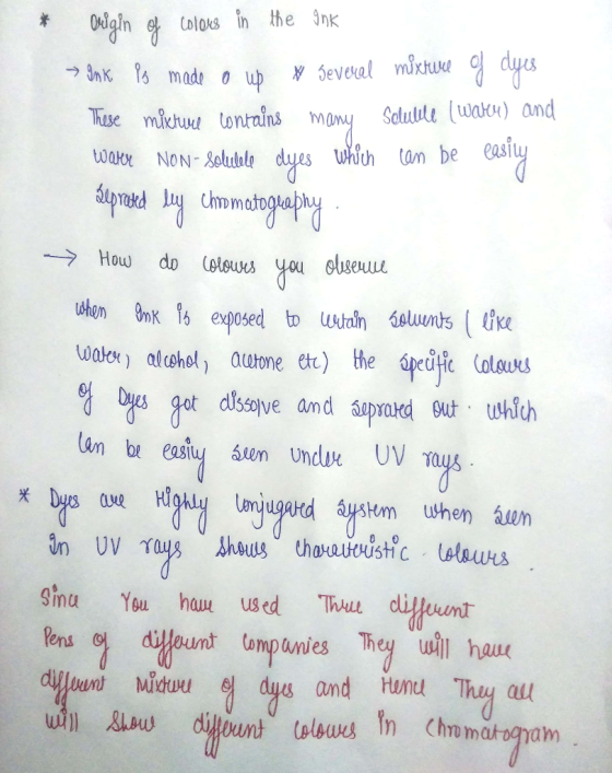 * Origin of colors in the ank → Ink is made o up * several mixture of dyes These mixture contains many soluble (watu) and War