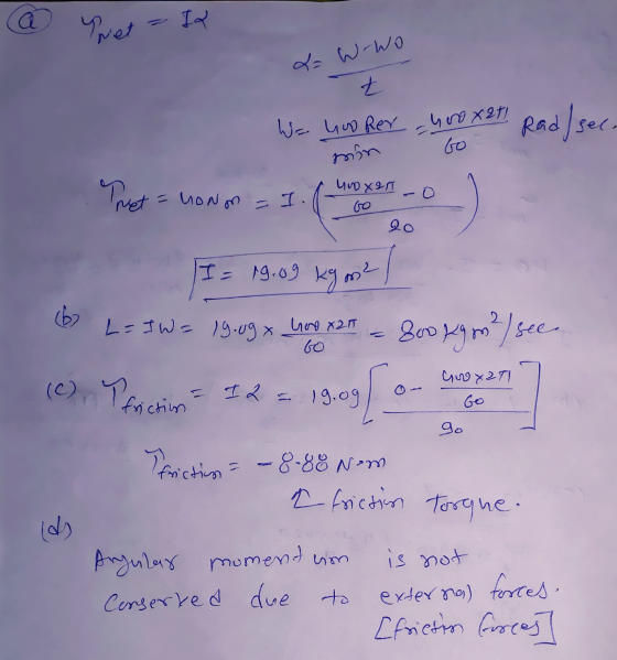a Pret Ia L = W- wo t 400X271 We hoo Rey Rad/sec. min uvр хэл Tret = hown = I. - 2d 6 L=IW= 19.09% no 21 I= 19.09 kg om? / 20