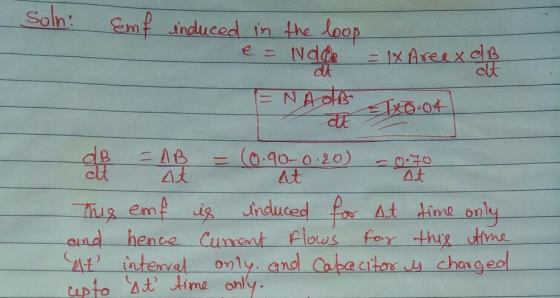 soln: Emf induced in the loop e = Nape 1x Areex dB at = NAOB Txo.o4 at dB - AB = (0.90-0.20) at at at This emf is induced for