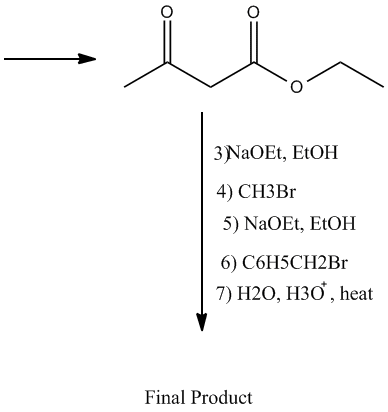 3 NaOEt, EtOH 4) CH3Br 5) NaOEt, EtOH 6) C6H5CH2Br 7) H20, H30, heat Final Product