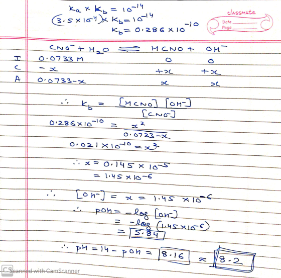 10-14 classmate La x k 3. sxidчX к.= yo-19 кь? О28 6х10 Date Page CNot H₂O HCNot он- T О: О7 33 м +2C + А О: 0733-х > [он-) *