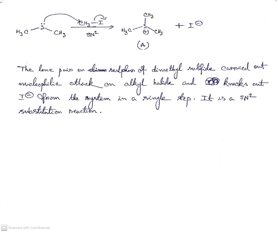 CH3 Yetat + Io H₂C CH₂ SN2 H₂C +) CH3 А The lone pain disse sou halide and knocks out sulphurs of dimethyl sulfide conopied o