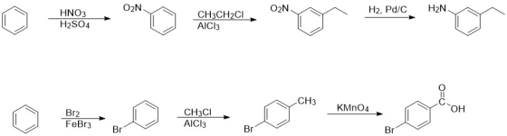 O2N O2N H2, Pd/ C H2N HNO3 H2SO4 CH3CH2C1 AICI: CH3 KMnO4 Br2 FeBr3 CH3CI AlCl3 Br