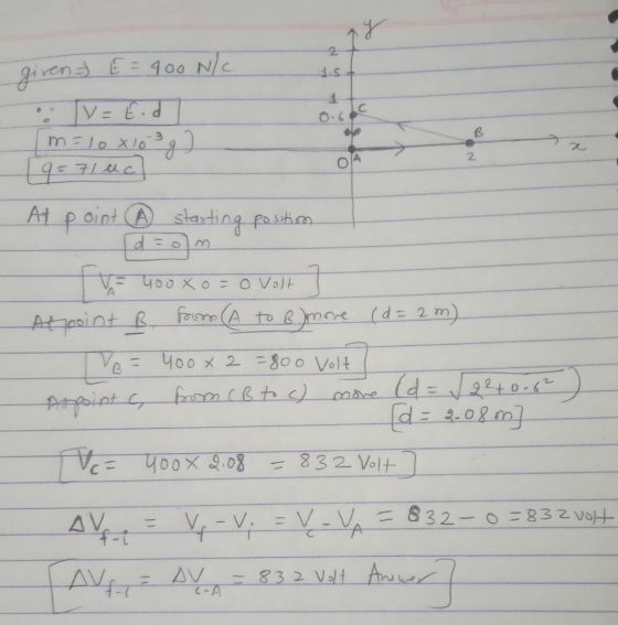 y 2. givens E= 400 N/c 1.5t 1 TV=E.d LC B m= 10x10 g) 2 2 o 9 = 71 uc At you xo=o volt point @ starting position (d = olm TV