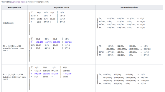 Convert the augmented matrix to reduced row echelon form: Row operations Augmented matrix System of equations | 12/5 4 | 19/1