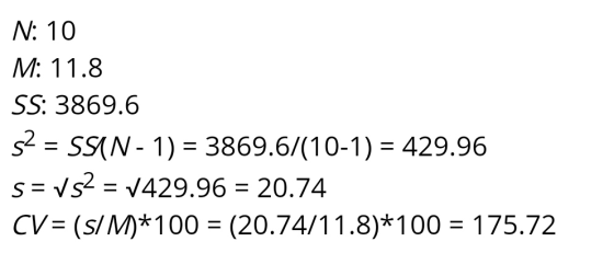 N: 10 M: 11.8 SS: 3869.6 52 = SSIN - 1) = 3869.6/(10-1) = 429.96 s=752 = 1429.96 = 20.74 CV= (s/M)*100 = (20.74/11.8)*100 = 1