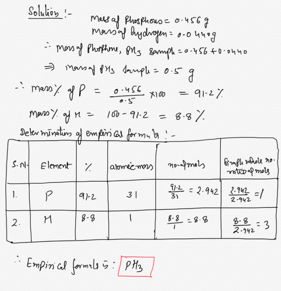 solution ! mass of Phosphous= 0.456 g massaf hydrogen=0-0 unog - mers of Phosphene, PM3 sample=0.456 toonno - Marsal PH3 samp