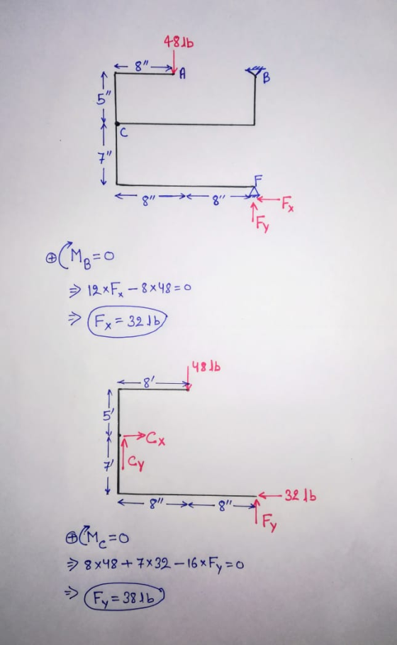 4-8 lb 21 - • (MB=0 = 12xFx – 8x48= 0 → Fx = 32 db) usb 71C < 8- on 32 (Mc=0 → 8x48 + 7x32 – 16*Fy = 0 Fy = 3816