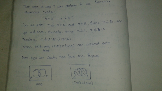the LDO Let te AnB Ang . Then γ e A and qe B. Since ncB, we Mepce ADB ond A1)UIBIA) ase disjont sets IND A1B)U(BVA) Ane