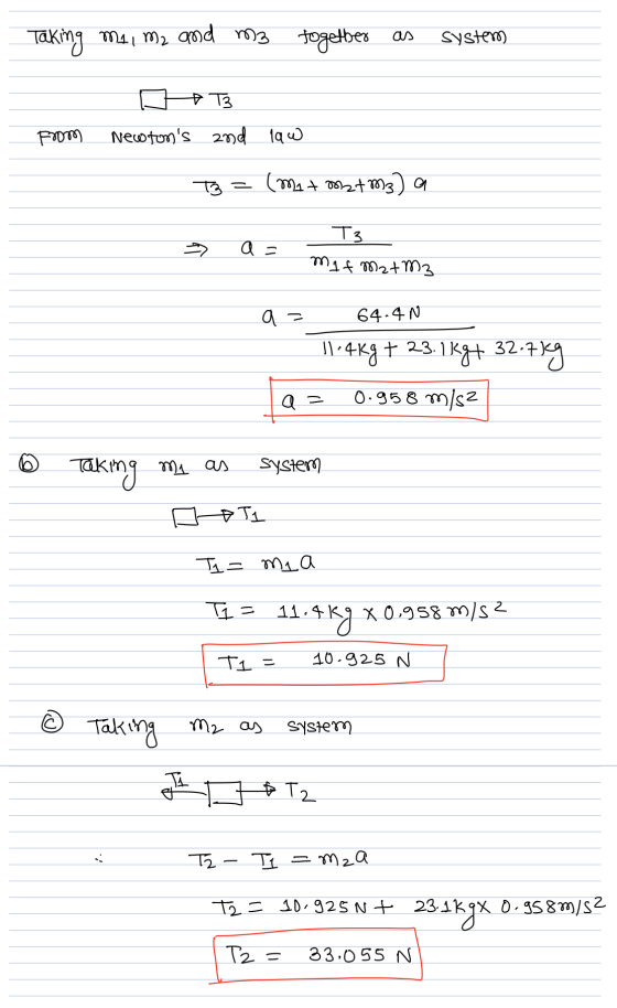 Taking me, me and m3 togetbex as system e TB From Newtons 2nd 19w TB = (mit Matm3) a a = T3 mit M2 + Mz a = 64.4N 11.4kg + 2