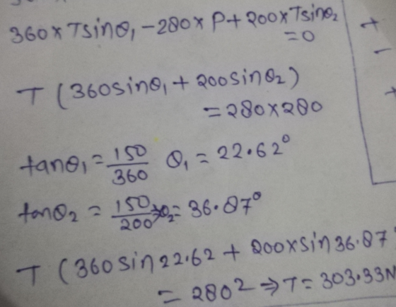 360xTsino, -200x P+ Poox Tsino, T1360sino, + 200 sina) = 280x200 Hano, so O, = 22.6 2° for a 150 30 36.87 T(360 sin 22.62 + d
