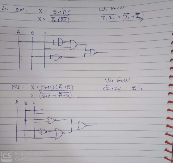 SOP : we know X = Baà x B.CĀC) 15.72 - (, +1 A B De POS : X = (BTC) LAB) (Btc of à +B) We know (I, Iz) = I I, A 8 с or Do CS