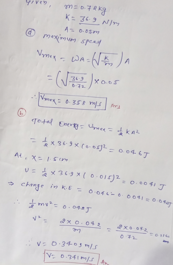 yoven m=0.72 kg K= 36.9 Nim @ A=0.oşan maximuon speed Vmax = WA= K n WA=W Ja = (17.)x0.06 Vmax= 0.358 m/s fra (6 Total Energy