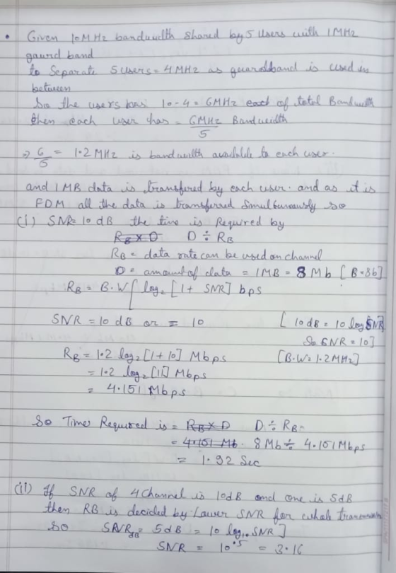 Given 10M Hz banduwilth shared by 5 Users with IMH2 gaurd band to Separate susers = 4 MH2 as guardeband is used is between So