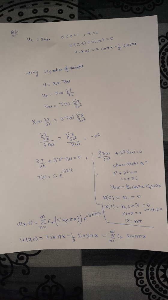 Ito Ut = 3 Uax Ocull ulot)=ullt=0 U(20) = 7 sinu - SingTTx To 00000 using sepaution of variable U= New Tt) Ut = X(a) IT at Un