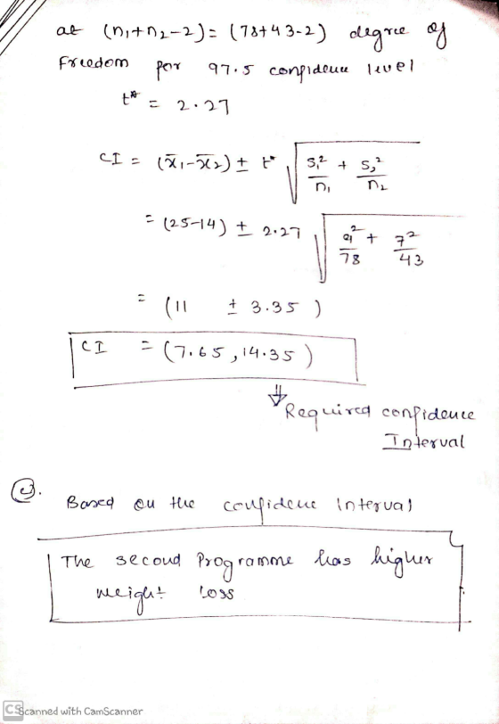 at (0,+92-2)= (18+43-2) degree of por 97.5 compidoure level Forreedom th 2.27 CI- ,-) 5² + 5,² n₂ = (25-14) + 2.27 or + ² 78