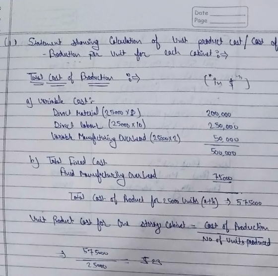 Date Page ( Calculation unit for of Statement showing - Boduction per buit product cost / cast each cabinet of 200,000 250,00