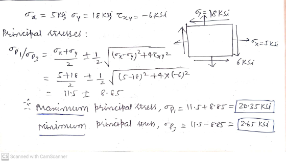 Ty leksi x = 5 ksaj Dy = 18 km Tay = -6ksi Principal stresses: t x=5ksi 081/603 Tatry - +1 loxory) ²+4542 oksi 2 5418 I (5-18