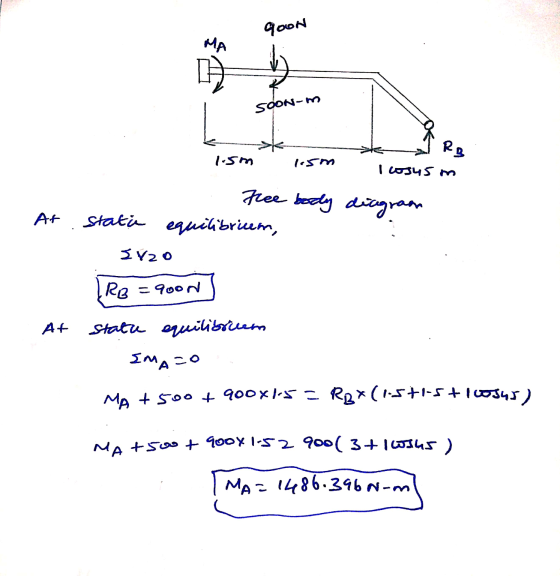MOON MA Soon-m RS Ism 15m I osu5 m free body stata equilibrium, diagram At SY2o RB = 900N At state equilibrium Imaco MA +500