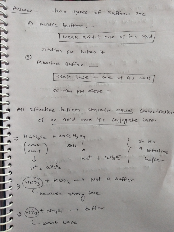 Answer two types of Buffers are 0 Acidic buffer I weak acidet one of its salt) solution PH below 7 Alkaline Buffer ligger we