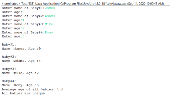 <terminated > Test (438) [Java Application) C:\Program Files\ava\jre 1.8.0_181\bin\javaw.exe (Sep 11, 2020 10:00:47 AM) Enter