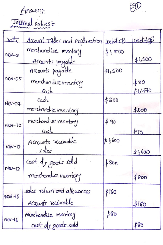 Answer: 1900 Tournal Entries: NOV-01 Rati Accound Titles and exploration Debit.co) cediteb) merchandise inventory $1,500 Acco