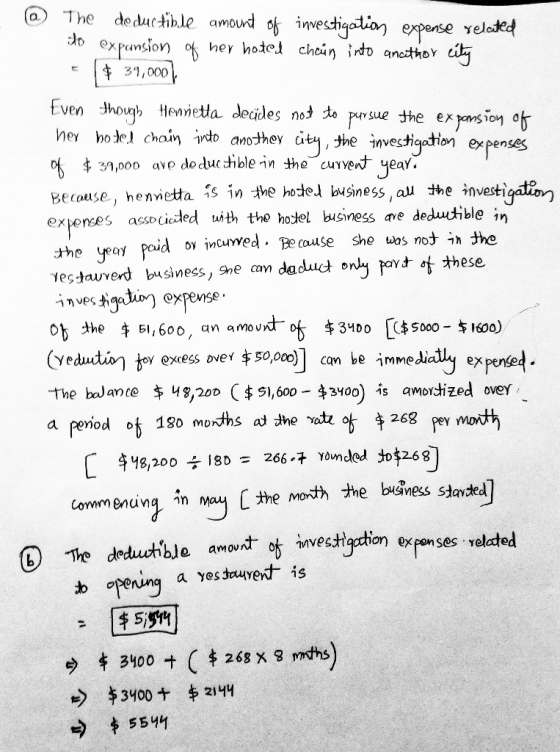 @ The deductible amount of investigation expense related to expansion of her hoted chain into another city + [ 39,000 Even th
