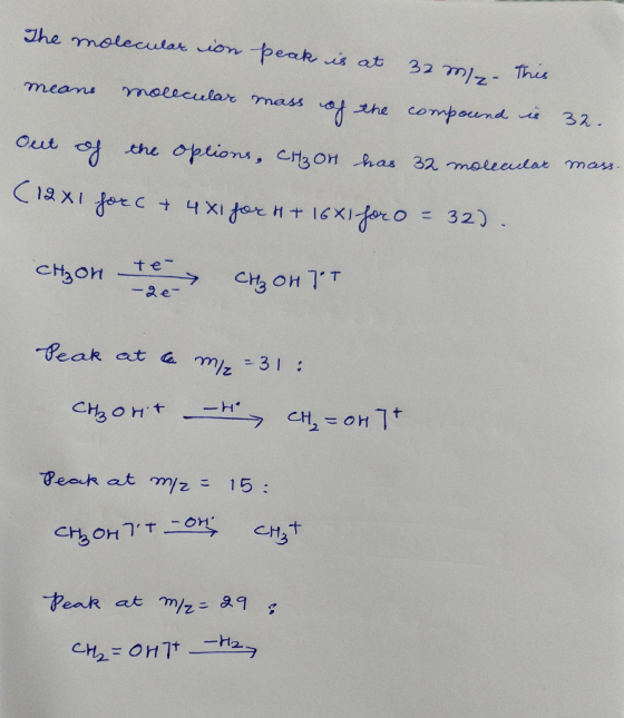 32 M. This Peak at ce m2 = 31 : The molecular ion peak is at means molecular mass of the compound in 32. out of the options,