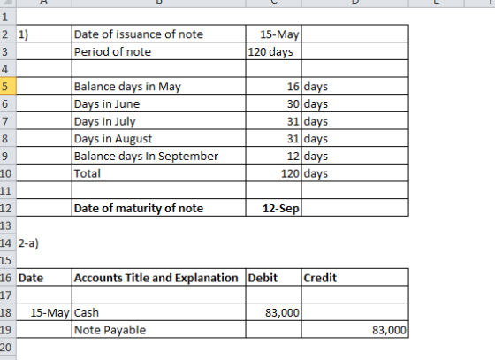 1 2 1) 3 4 5 Date of issuance of note Period of note 15-May 120 days 6 7 Balance days in May Days in June Days in July Days i