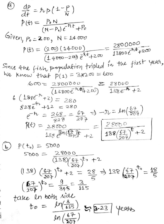 dp dt N 2 2800000 1380079 ht *7200 = 280 Erp(1-3). Plt) = PON (N-Po) e nt +Po Given, Po=200, N = 14.000 Pt) = (200) (14000) (