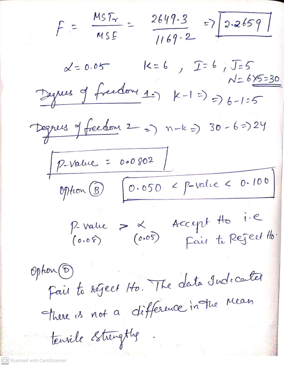 MS TO 2649-3 F =>2.26597 MSE 1169.2 L=0.05 k=6, I= 6,J= 5 N=6x5=30 12) K-1 =) =) 6-1=5 Degrees of freedom 2 =) nak =) 30-6=)