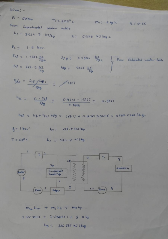 Given! - P1 = 5oby To=500°c mi= 5 kg Is From n=0.85 Superheard water table h = 3434.7 kJ/ky S, 6.9781 UJ Ingh P2 - 1.5 bar. S