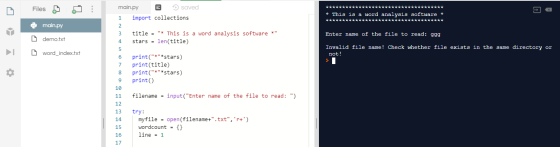 * ****** D Files oi main.py saved 1 import collections * This is a word analysis software + IIIIIIIIIIIIIIII main.py title =