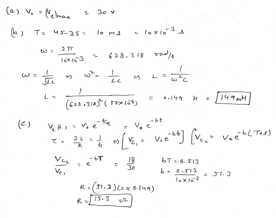 (a) Vo = Valman 30 v 3 6) T = 45-35=. lo ms lo X10 2 T ws 628.318 rad/ lox (0-3 wa > w²= th wote L Jic C با - L- 1) 0.149 H 1