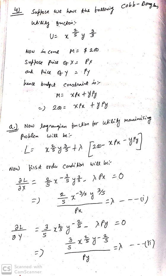 cobb-Douglas W suppose we have the following Utility function Us x Š y uno de S Now in come M = $200 Suppose price of x = Px.