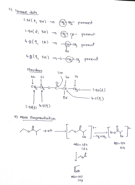 4) HINAR data 1.28( t, 3H) = (CH chhi present 1.90(d, 3H) 3 4.5(9, 1H) che present (1 h presut 4.3 (9, 2H) 39-0-CH2chy prezut