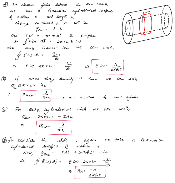 we مداع ४ it For electric field between the thoo bodies, take Gaussian cylinderical surface of radius and length L, char en c