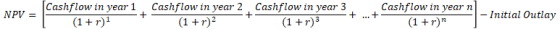 Cashflow in year 1 (1+r)1 Cashflow in year n NPV = Cashflow in year 2 Cashflow in year 3 (1+r)2 + (1 + r) 3 + ... + (1 + r) -