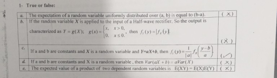 1- True or falso: a. The expectation of a random variable uniformly distributed over (a, b) is equal to (6-a) b. If the random variable X is applied to the input of a Half-wave rectifier, So the output is x>0, xs0., th cterized as r=g(X): g(x)-10. x, en - X) If a and b are constants and X is a random variable and Y-aX+b, then f v) d. If a and b are constants and X is a random variable, then Var(aX +b) aVarx e.. The expected value of a product of two dependent random, variables is E(XY)=E(X)E(Y)| ( X)