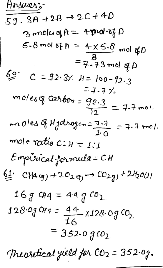 Нngшелә 59. 3A +2B + 2C+40. 3 moles of A = 4 proliofo 5-8 mol of A = 4x5-8 molo =7273 mol D 60 C -92.34. H= 100-92.3 -7.7% mo